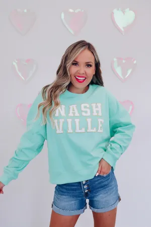 Nashville Embroidered Patch Graphic Sweatshirt - Aqua