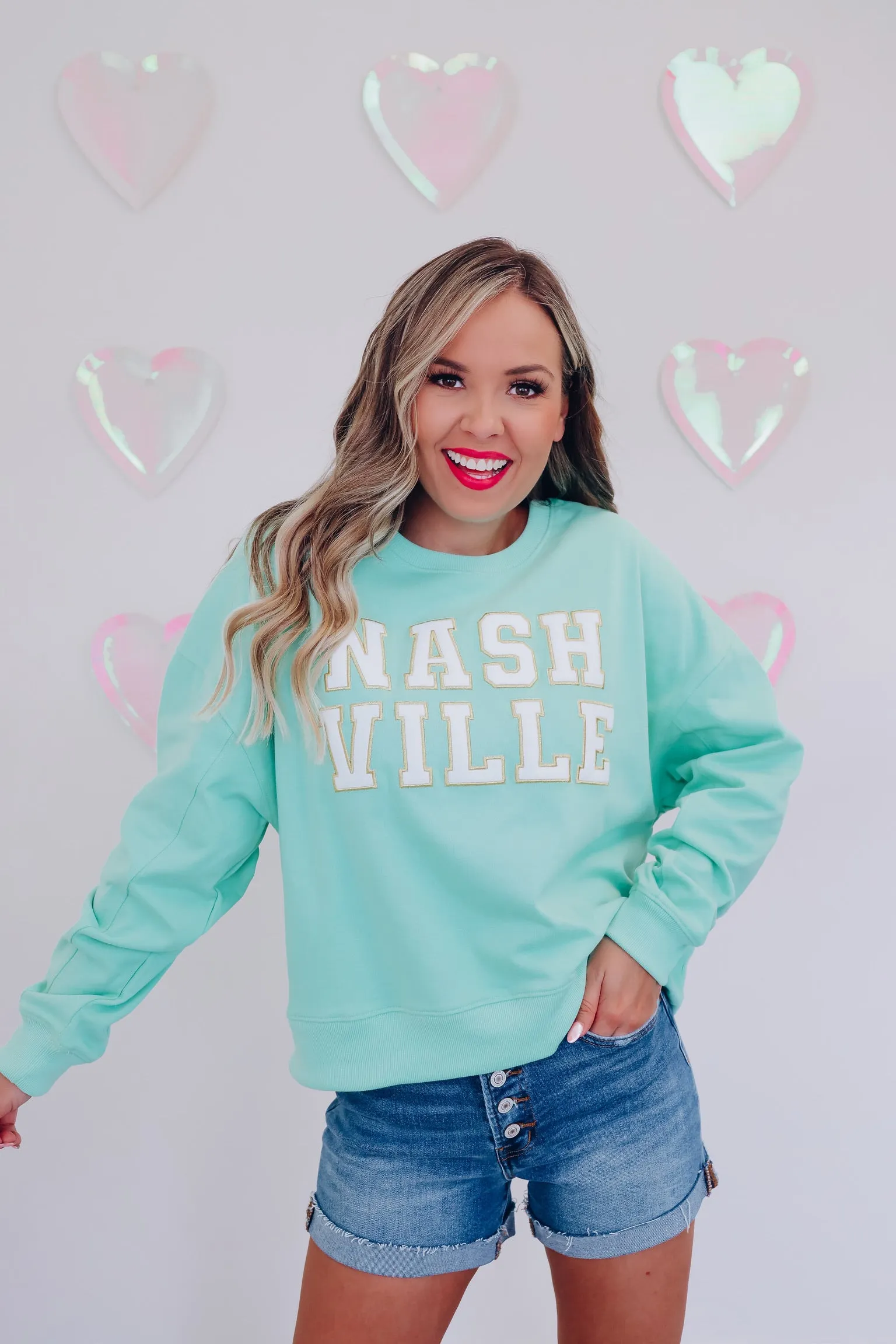 Nashville Embroidered Patch Graphic Sweatshirt - Aqua