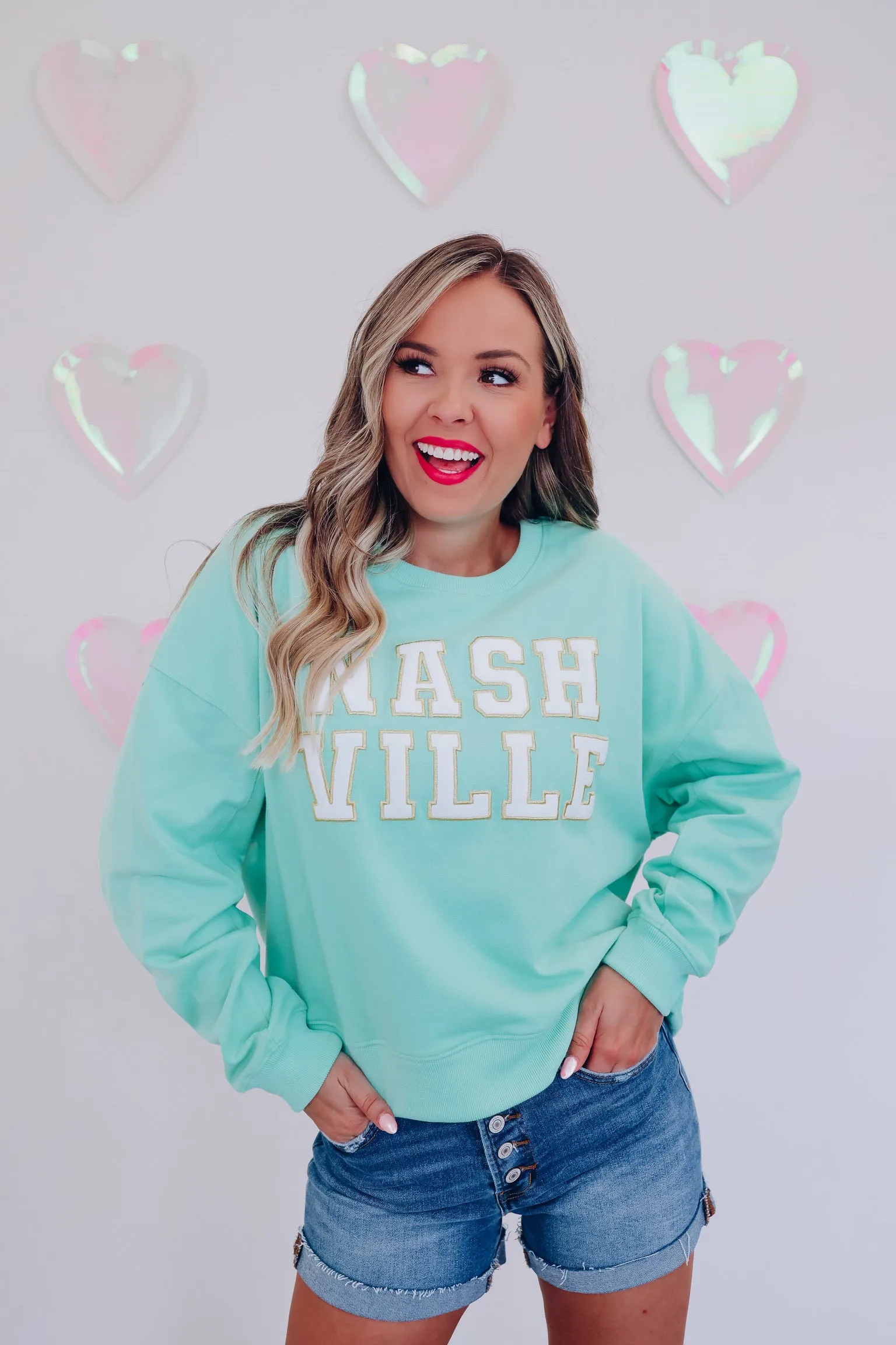 Nashville Embroidered Patch Graphic Sweatshirt - Aqua