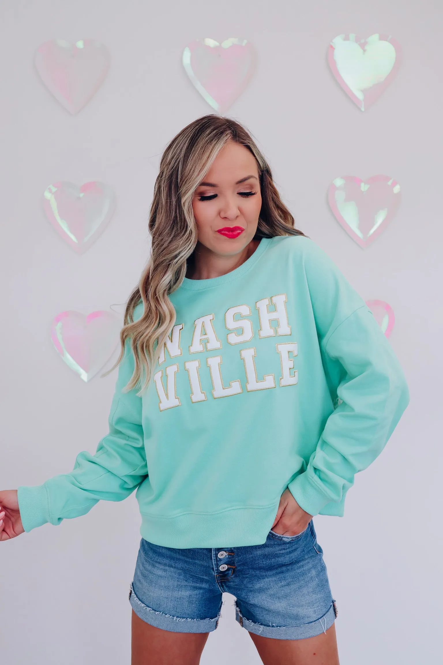 Nashville Embroidered Patch Graphic Sweatshirt - Aqua