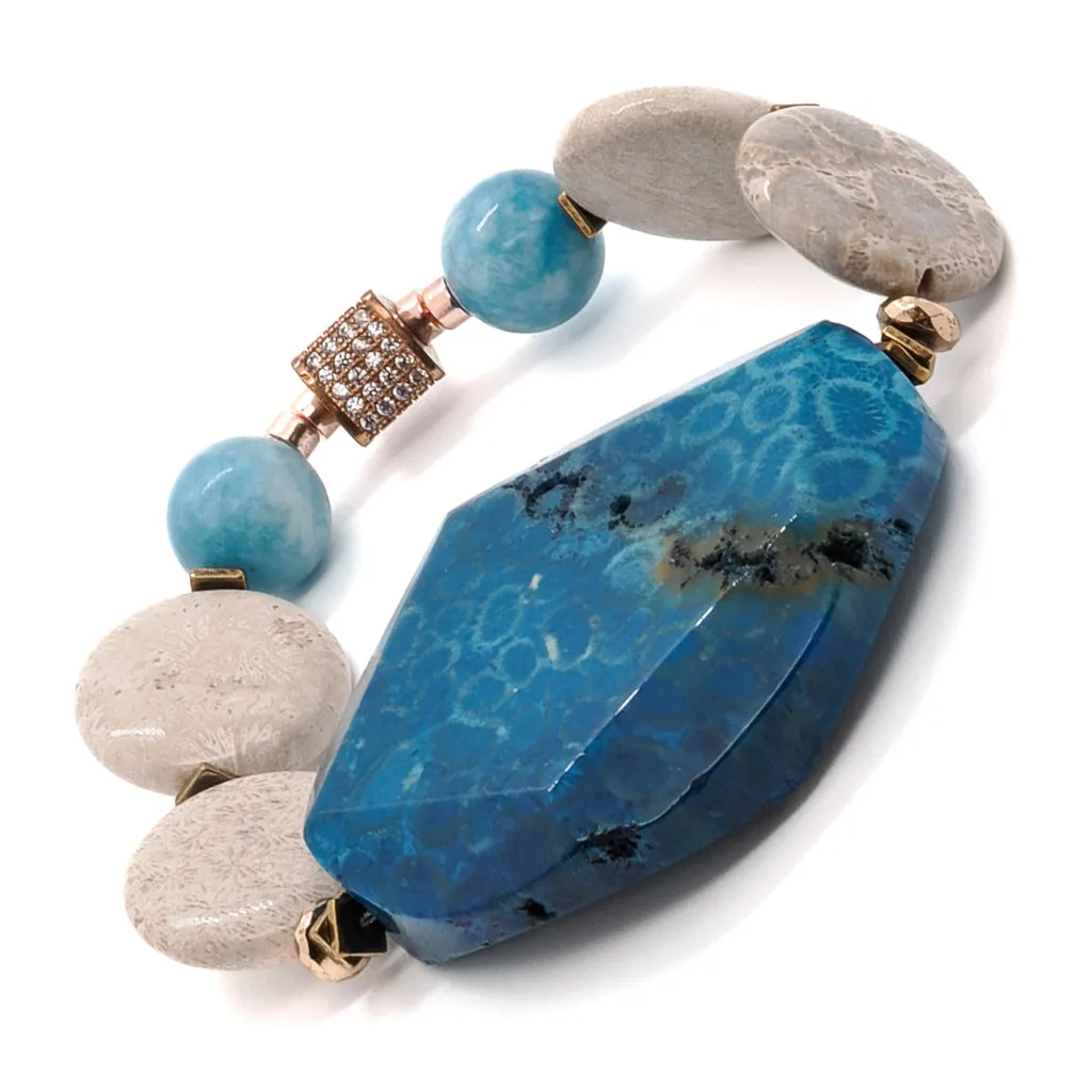 Natural Chunky Blue Agate Stone Jasper Beaded Bracelet
