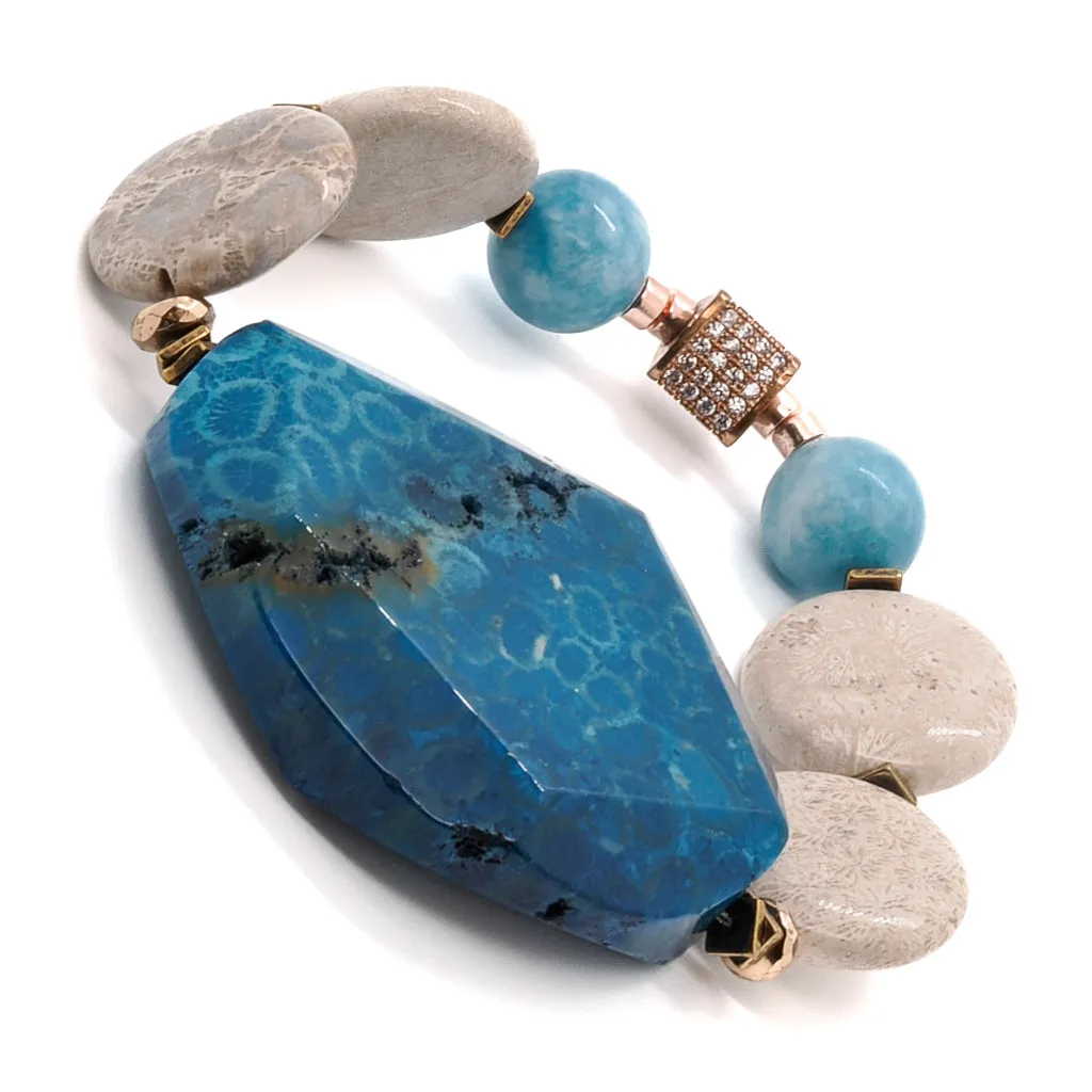 Natural Chunky Blue Agate Stone Jasper Beaded Bracelet