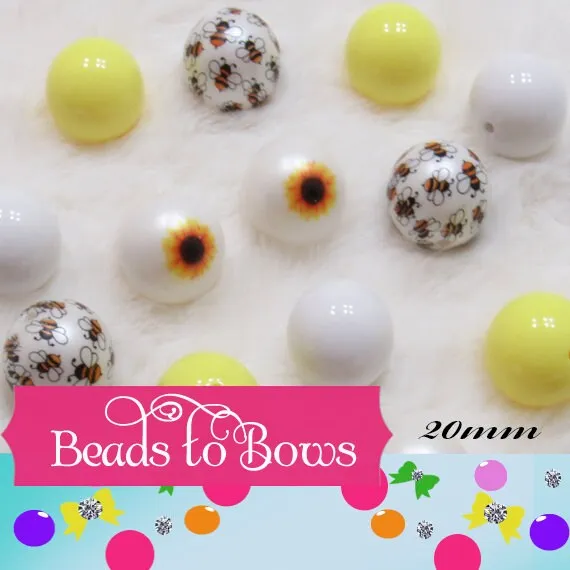 NEW 20mm Sunflower Print on Matte Pearls, Bubblegum Beads, Chunky Gumball Beads, Bubblegum Bead Supply, Chunky Printed Beads