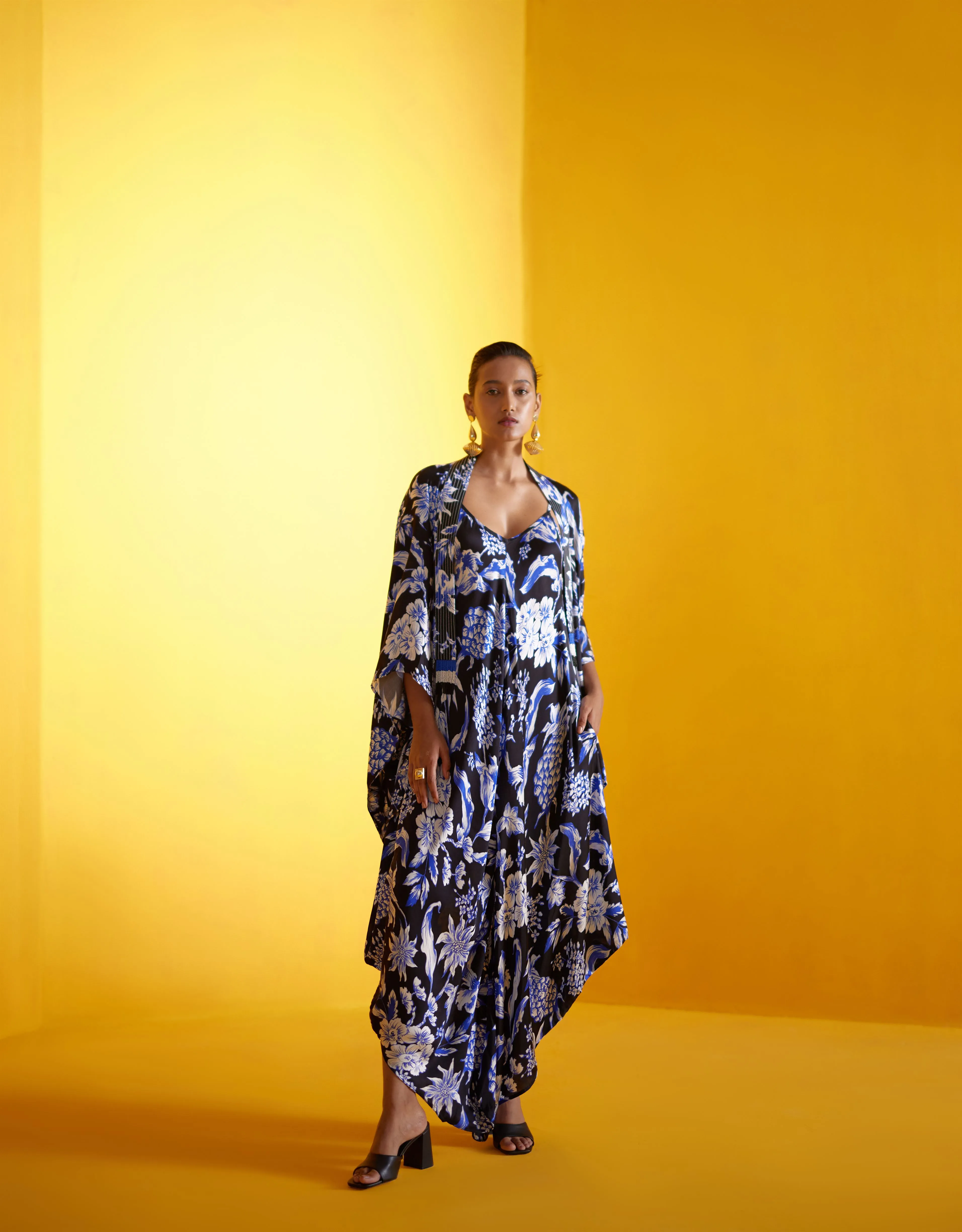 New Season Summer to Fall 2024-Co-ord Jumpsuit Cape Vegan Silk Black Blue Pineapple Print-Studio Rigu-Fashion Edit Amazonico