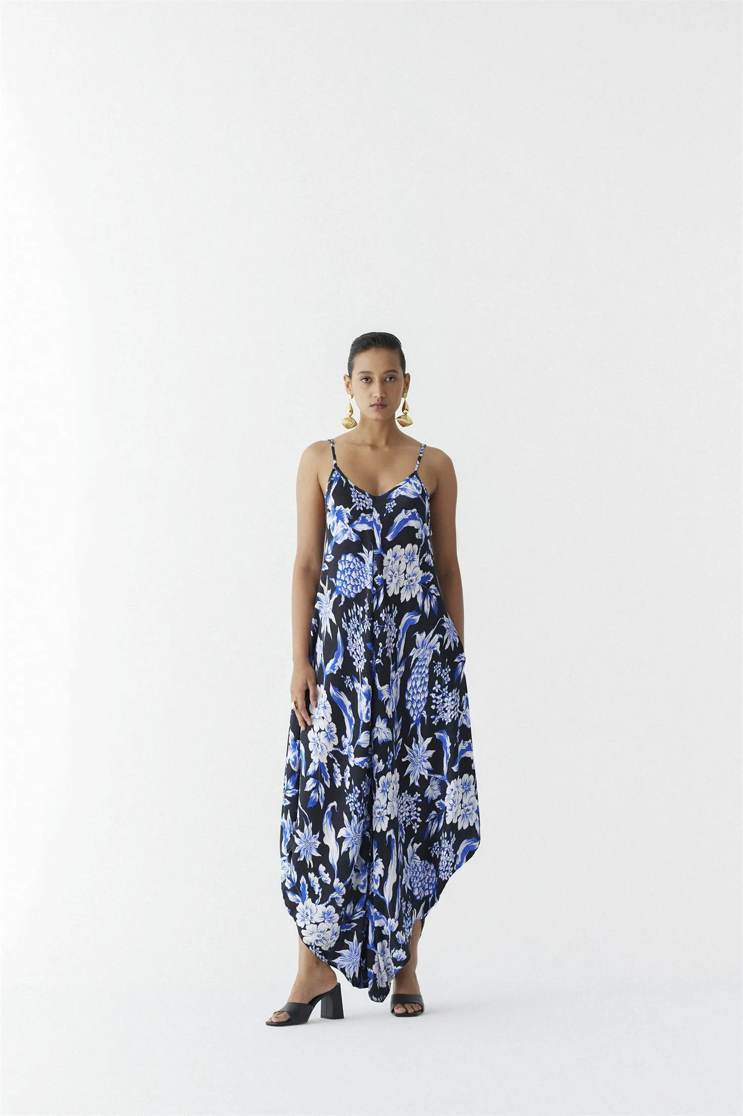New Season Summer to Fall 2024-Co-ord Jumpsuit Cape Vegan Silk Black Blue Pineapple Print-Studio Rigu-Fashion Edit Amazonico