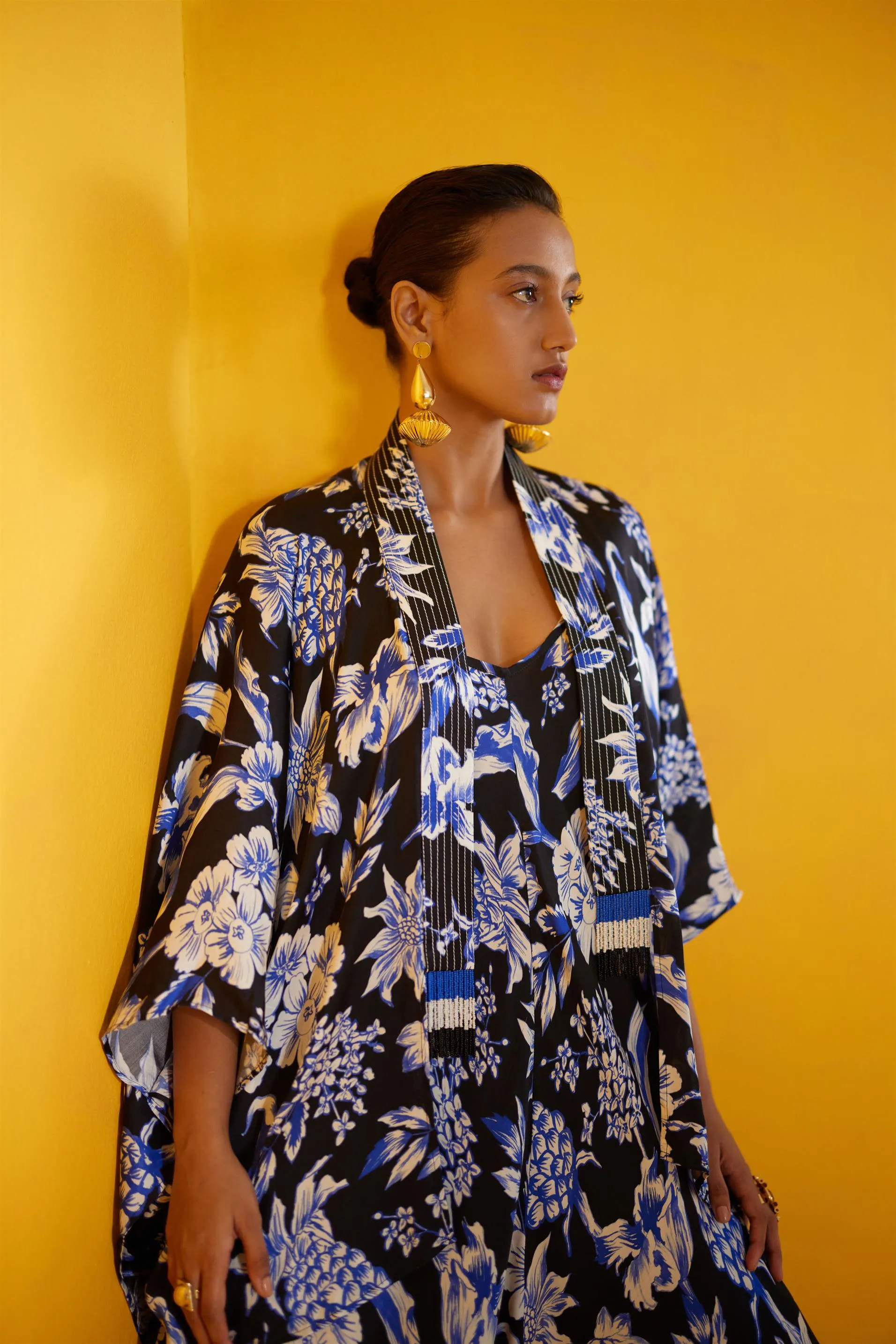 New Season Summer to Fall 2024-Co-ord Jumpsuit Cape Vegan Silk Black Blue Pineapple Print-Studio Rigu-Fashion Edit Amazonico