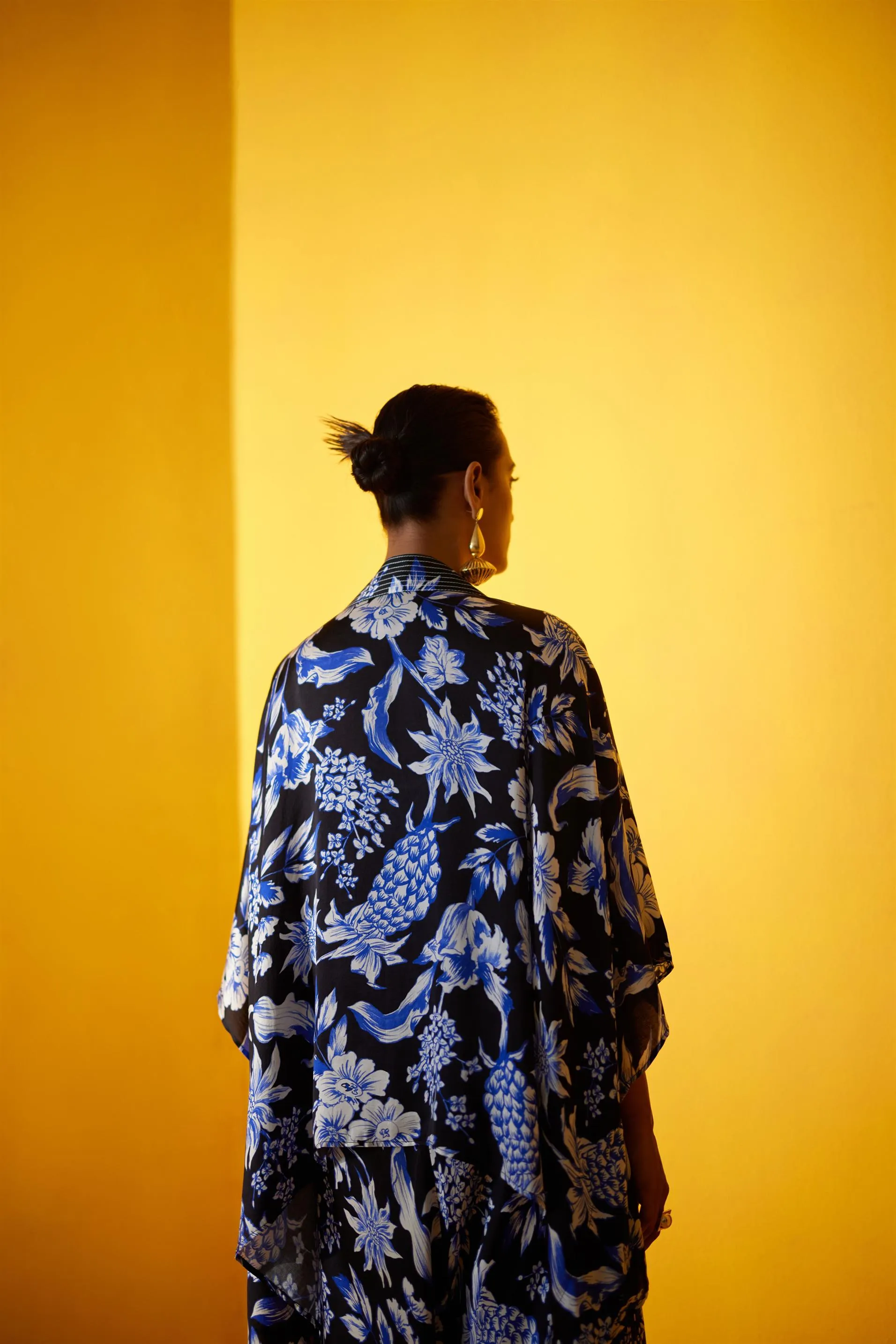 New Season Summer to Fall 2024-Co-ord Jumpsuit Cape Vegan Silk Black Blue Pineapple Print-Studio Rigu-Fashion Edit Amazonico