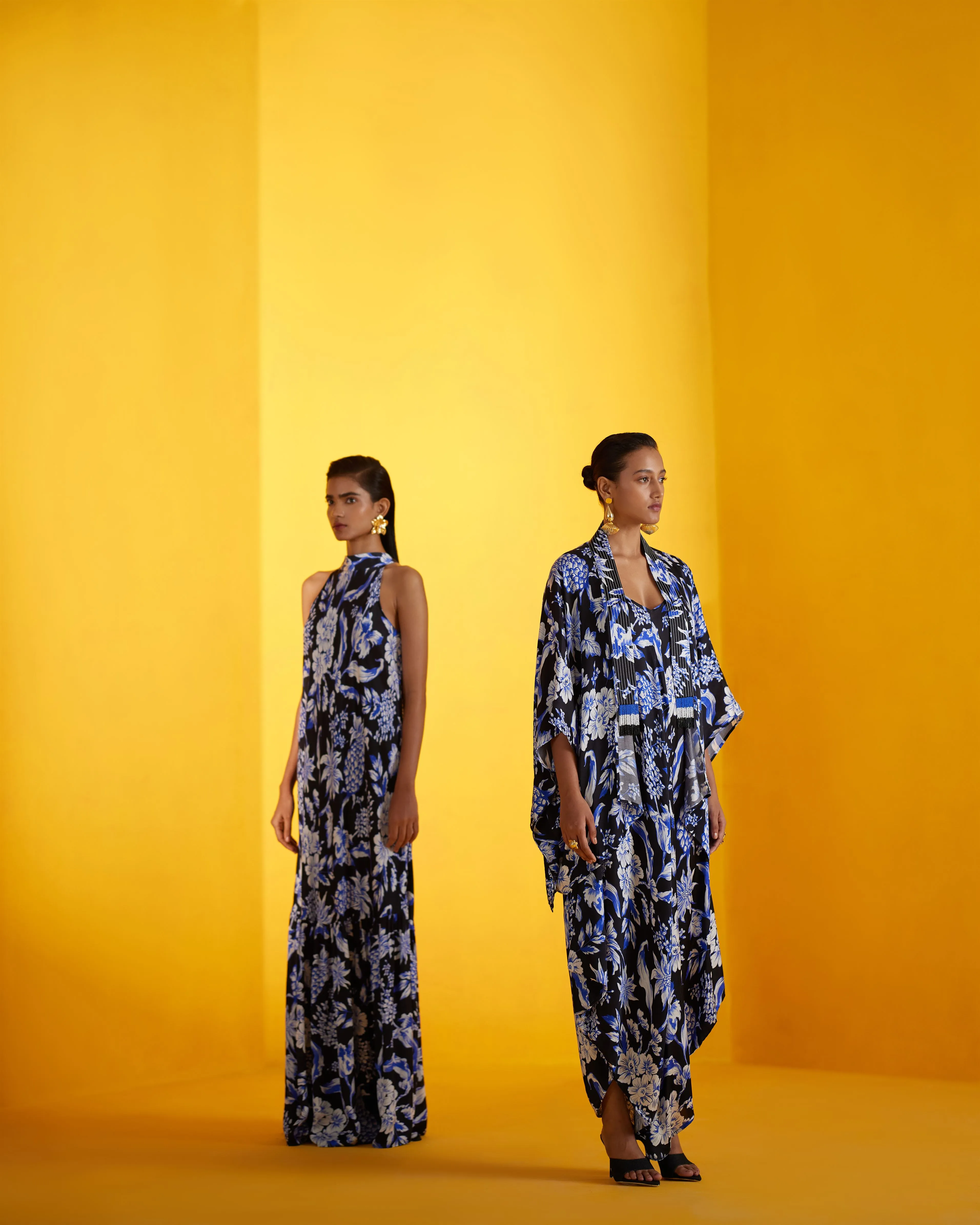 New Season Summer to Fall 2024-Co-ord Jumpsuit Cape Vegan Silk Black Blue Pineapple Print-Studio Rigu-Fashion Edit Amazonico