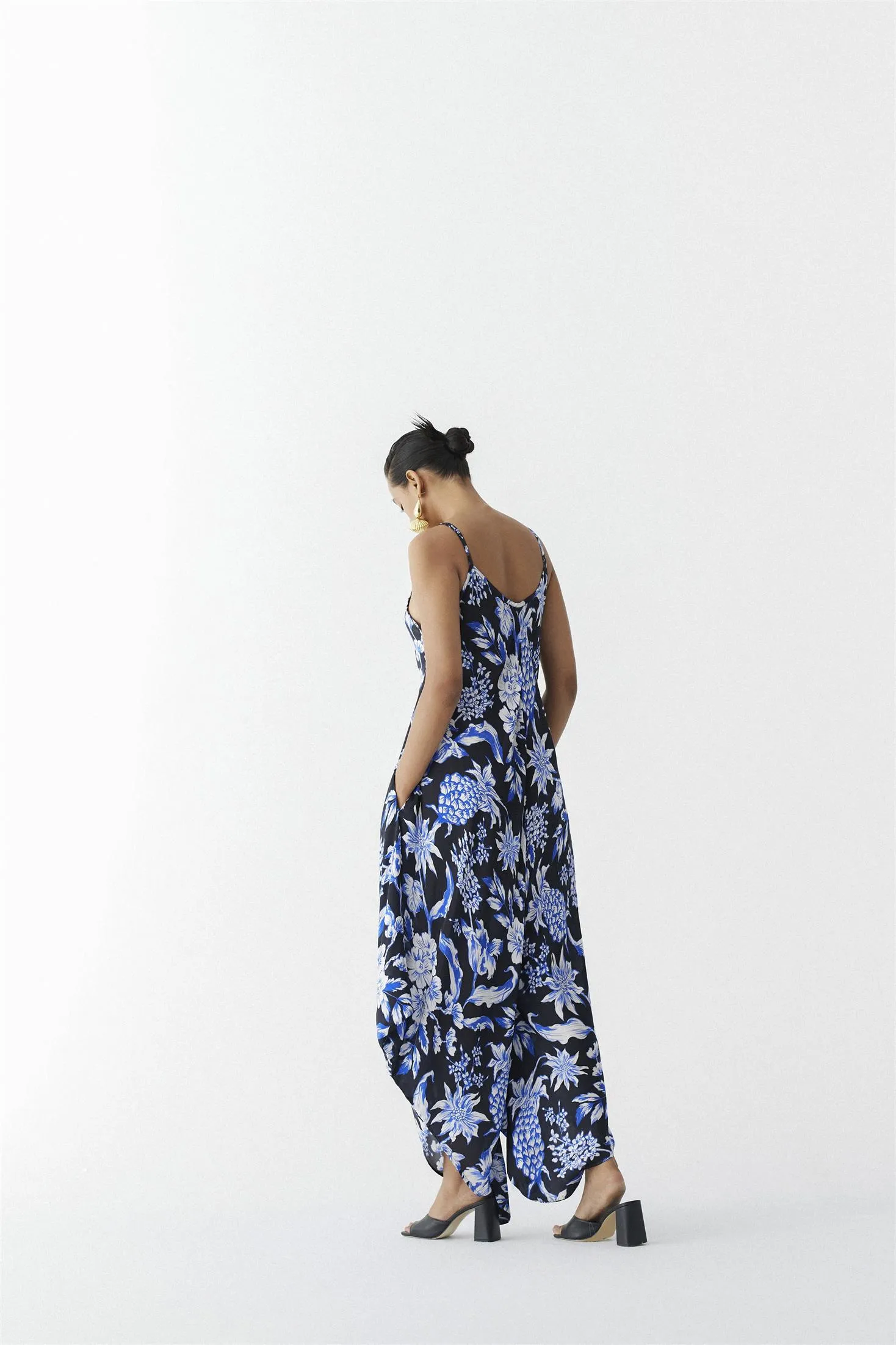 New Season Summer to Fall 2024-Co-ord Jumpsuit Cape Vegan Silk Black Blue Pineapple Print-Studio Rigu-Fashion Edit Amazonico