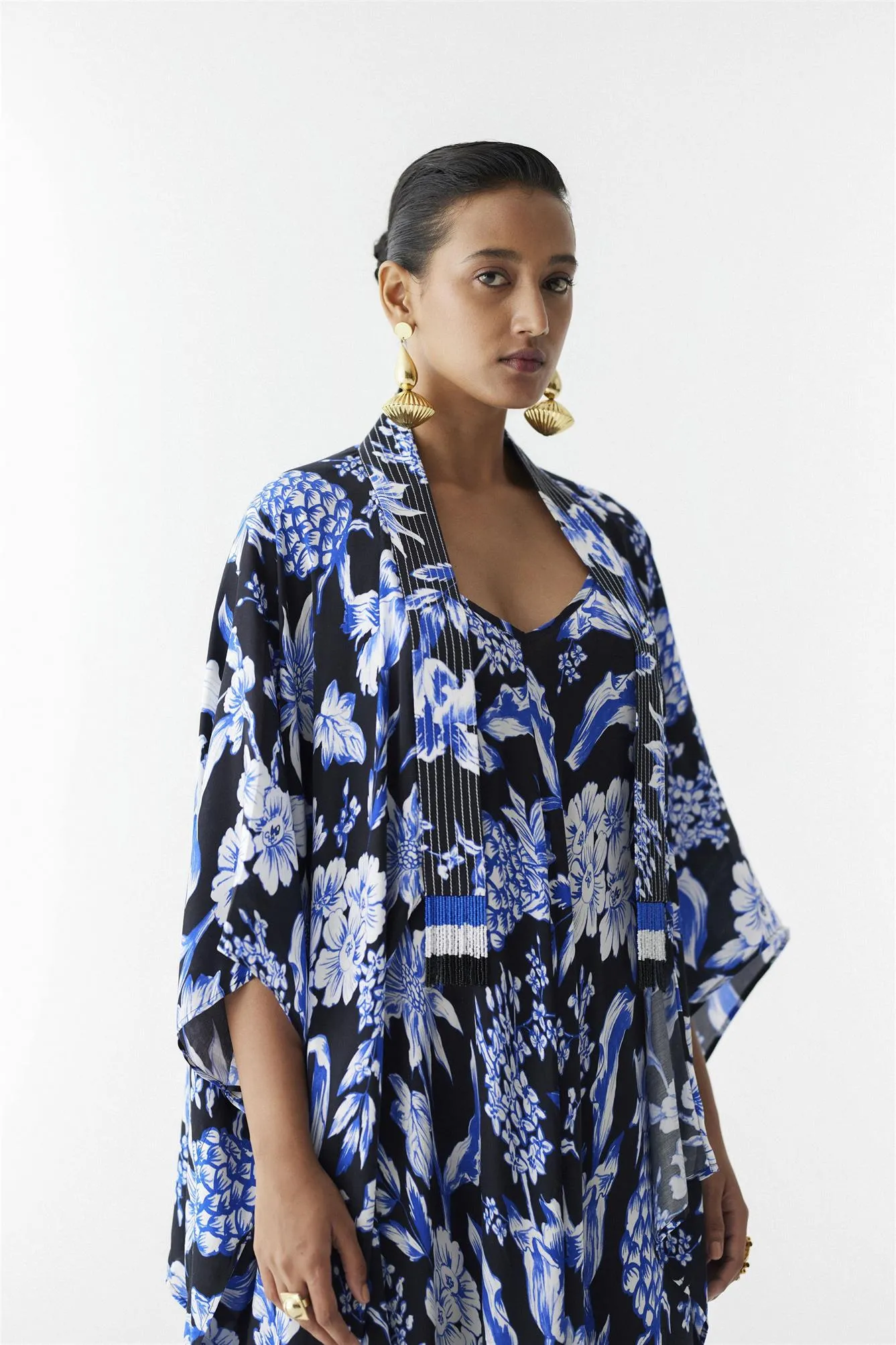 New Season Summer to Fall 2024-Co-ord Jumpsuit Cape Vegan Silk Black Blue Pineapple Print-Studio Rigu-Fashion Edit Amazonico
