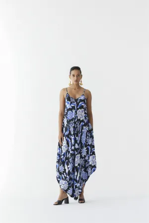 New Season Summer to Fall 2024-Co-ord Jumpsuit Cape Vegan Silk Black Blue Pineapple Print-Studio Rigu-Fashion Edit Amazonico