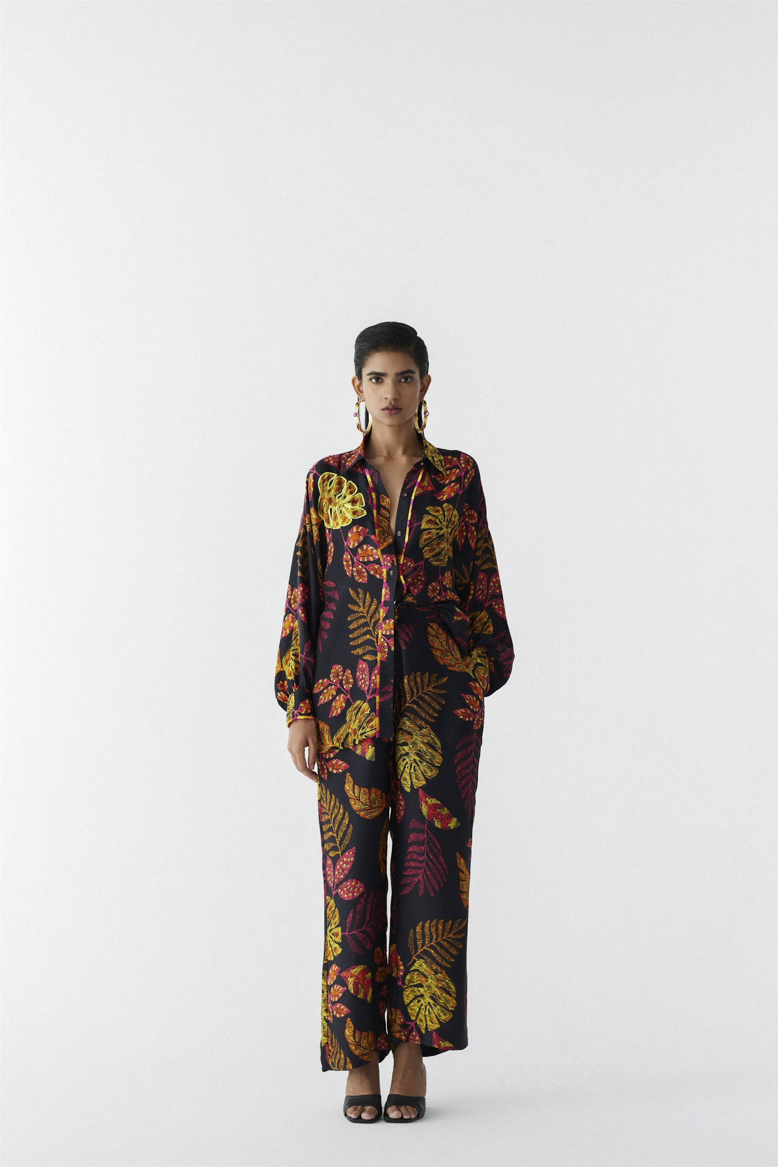 New Season Summer to Fall 2024-Co-ord Rainforest Shirt Trousers Vegan Silk Black Multi Color Print -Studio Rigu-Fashion Edit Amazonico