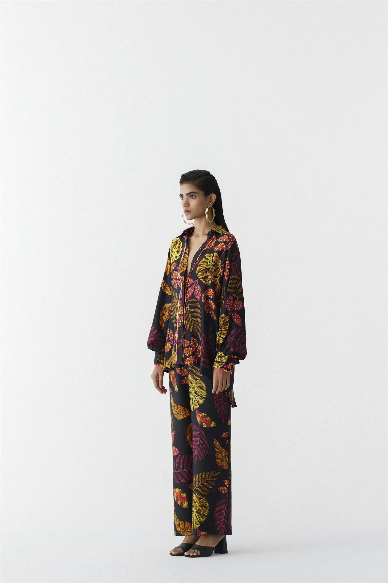 New Season Summer to Fall 2024-Co-ord Rainforest Shirt Trousers Vegan Silk Black Multi Color Print -Studio Rigu-Fashion Edit Amazonico