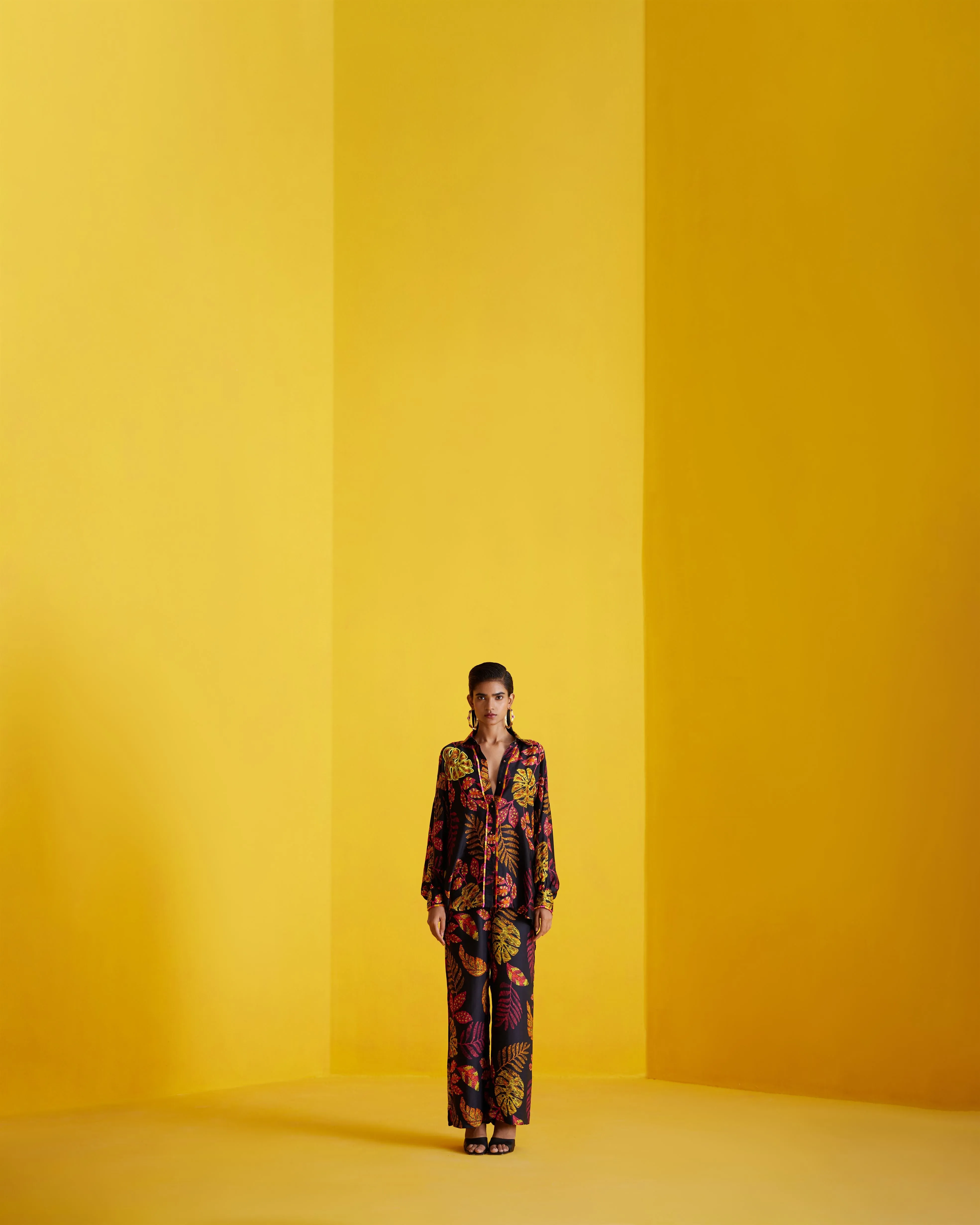 New Season Summer to Fall 2024-Co-ord Rainforest Shirt Trousers Vegan Silk Black Multi Color Print -Studio Rigu-Fashion Edit Amazonico