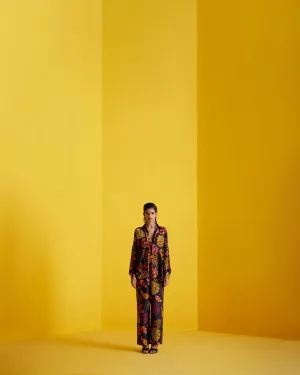 New Season Summer to Fall 2024-Co-ord Rainforest Shirt Trousers Vegan Silk Black Multi Color Print -Studio Rigu-Fashion Edit Amazonico