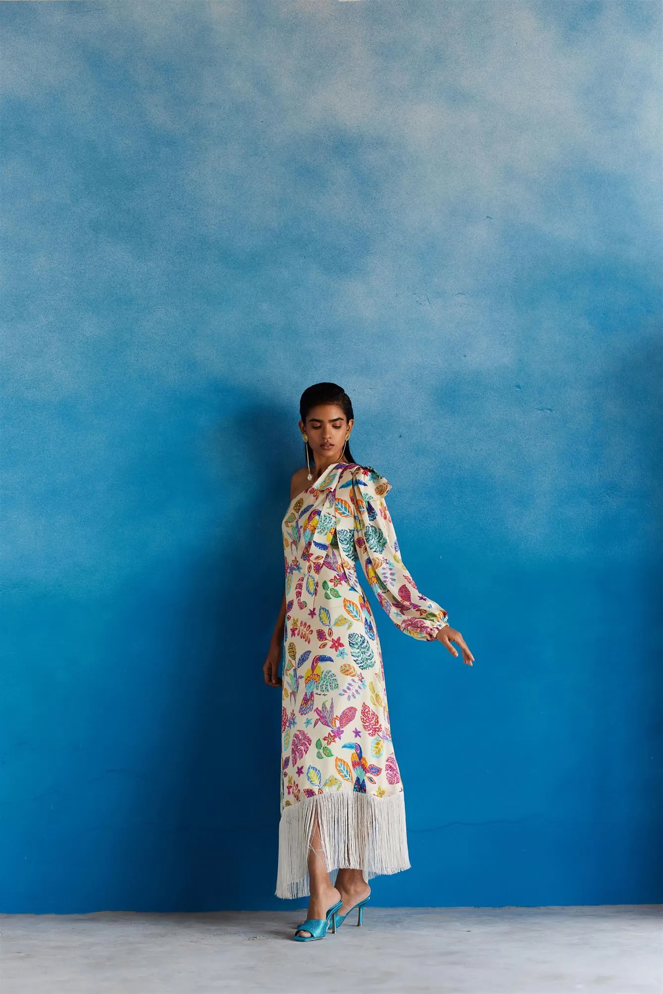 New Season Summer to Fall 2024-Dress Amazon One Shoulder Vegan Silk Beige Multi Color Bird Print-Studio Rigu-Fashion Edit Amazonico