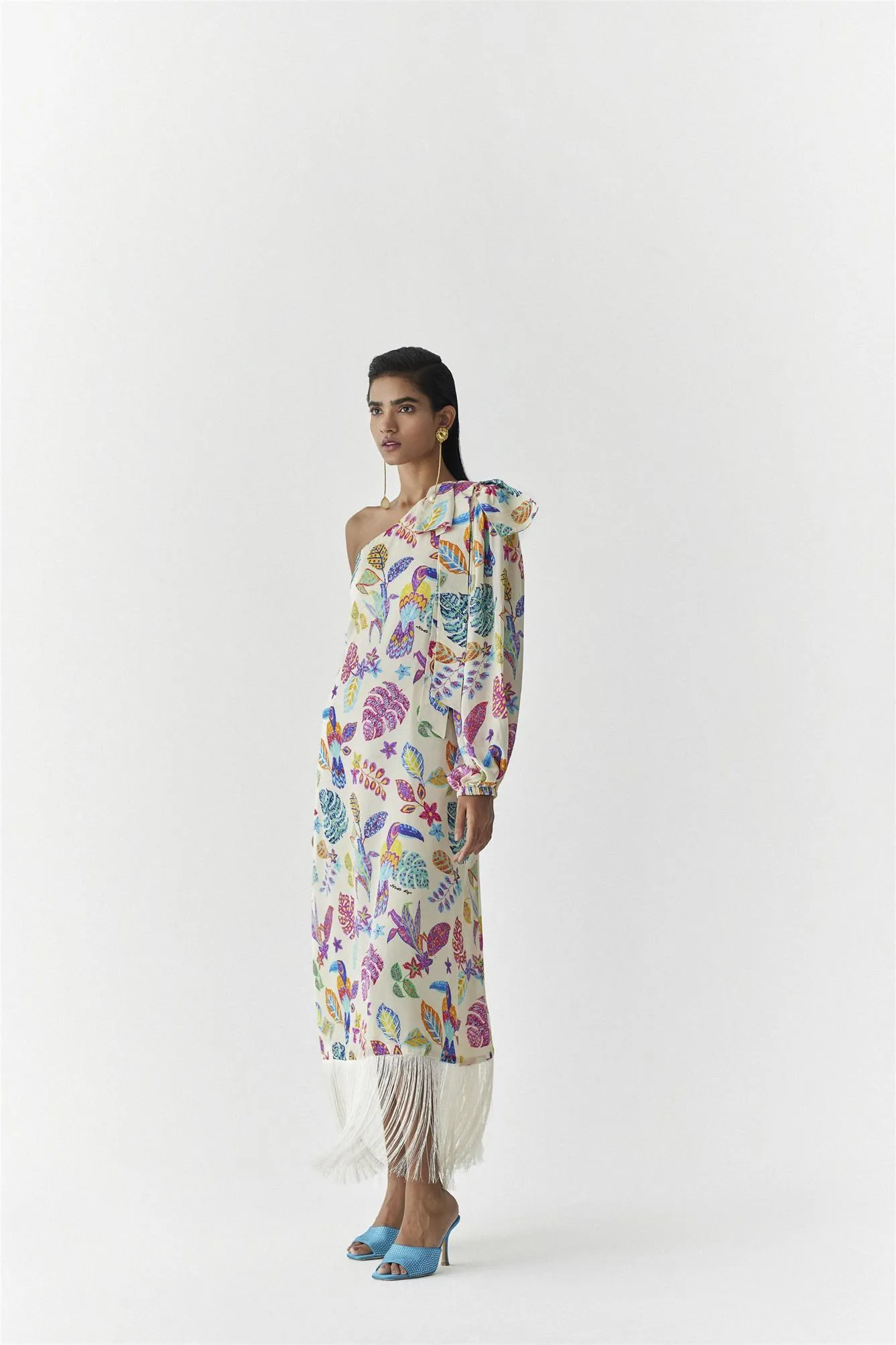 New Season Summer to Fall 2024-Dress Amazon One Shoulder Vegan Silk Beige Multi Color Bird Print-Studio Rigu-Fashion Edit Amazonico