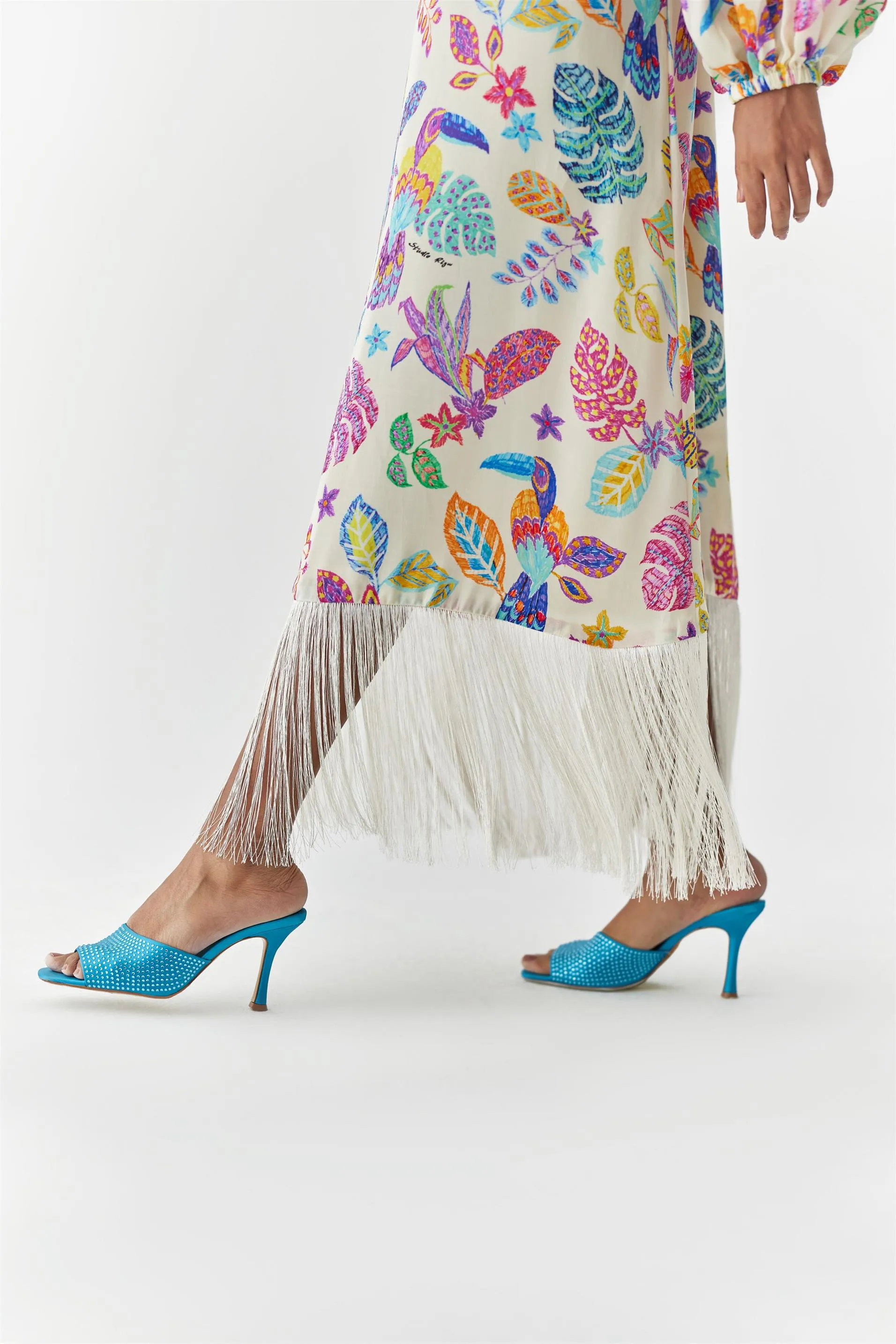 New Season Summer to Fall 2024-Dress Amazon One Shoulder Vegan Silk Beige Multi Color Bird Print-Studio Rigu-Fashion Edit Amazonico