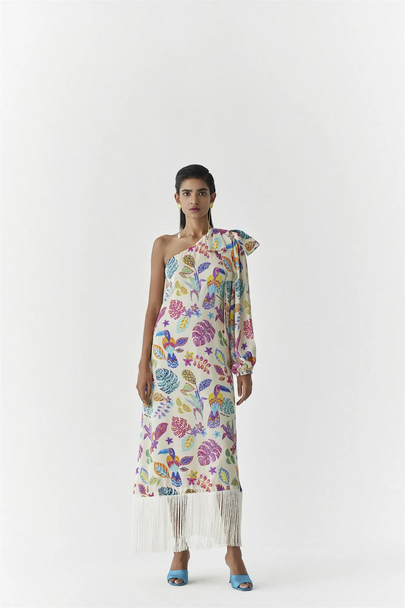 New Season Summer to Fall 2024-Dress Amazon One Shoulder Vegan Silk Beige Multi Color Bird Print-Studio Rigu-Fashion Edit Amazonico