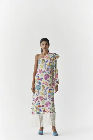 New Season Summer to Fall 2024-Dress Amazon One Shoulder Vegan Silk Beige Multi Color Bird Print-Studio Rigu-Fashion Edit Amazonico