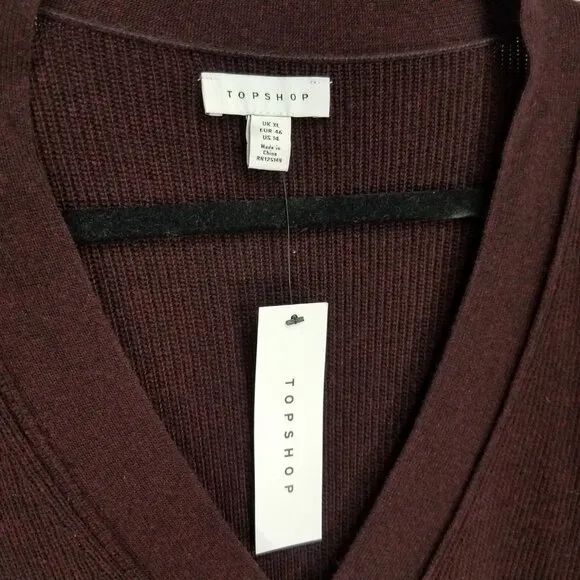 NEW Topshop 14 V-neck Pullover Sweater Ribbed knit Dark Burgundy Wine