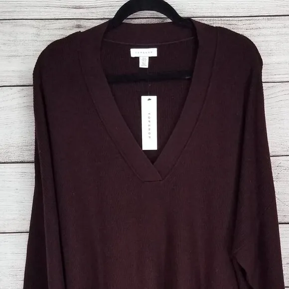 NEW Topshop 14 V-neck Pullover Sweater Ribbed knit Dark Burgundy Wine