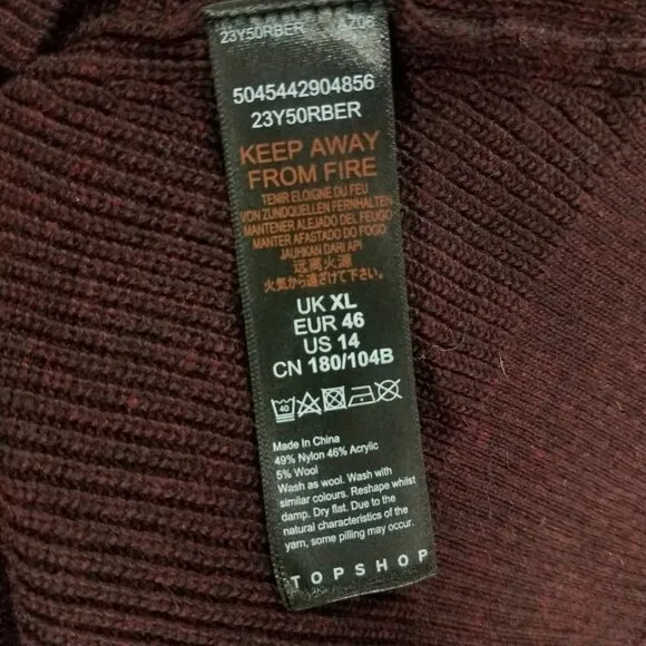 NEW Topshop 14 V-neck Pullover Sweater Ribbed knit Dark Burgundy Wine