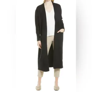 Nordstrom Everyday Long Open Front Belted Cardigan in Black (XXL)