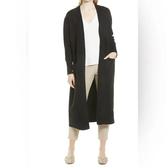 Nordstrom Everyday Long Open Front Belted Cardigan in Black (XXL)