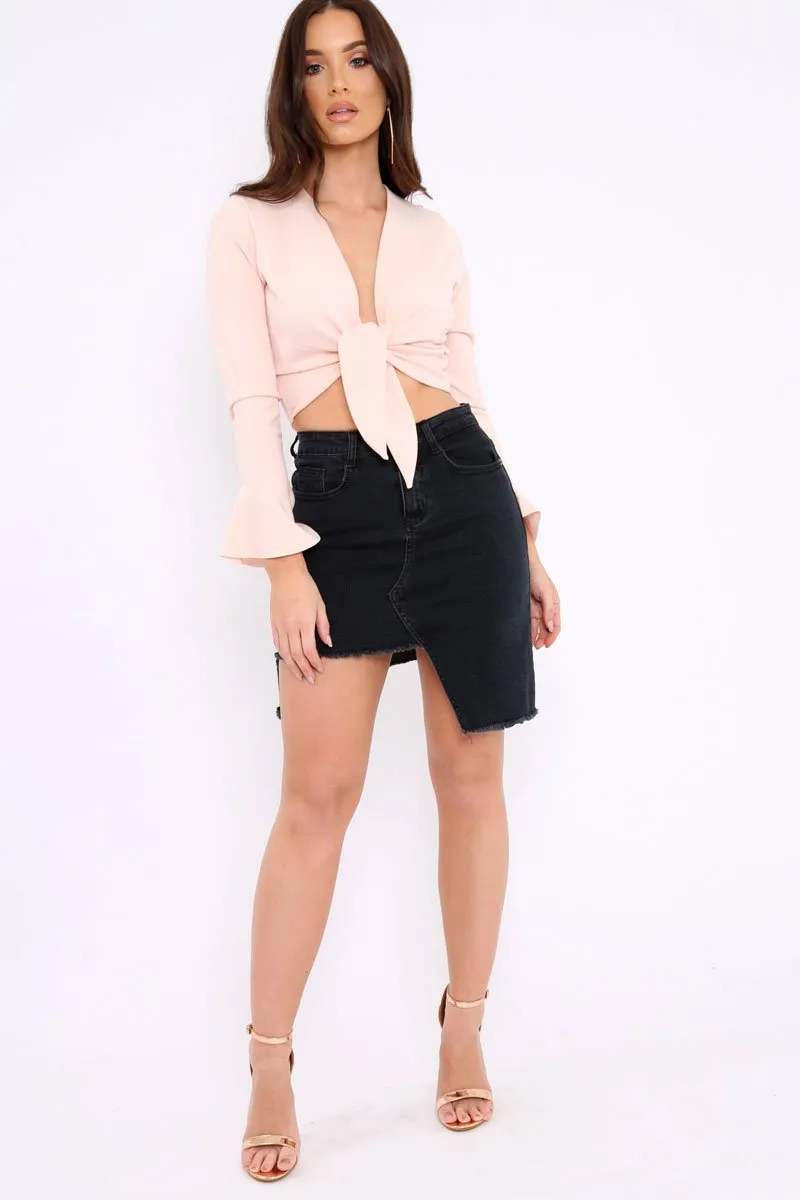 Nude Plunge Tie Front Flare Sleeve Crop Top - Aimi