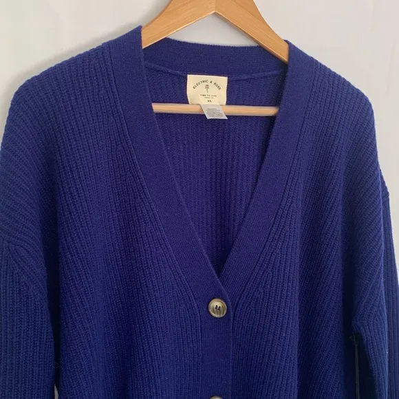 NWT Electric &amp; Rose Blue Ribbed Knit Oversized Cardigan Sweater Wool Cashmere XS
