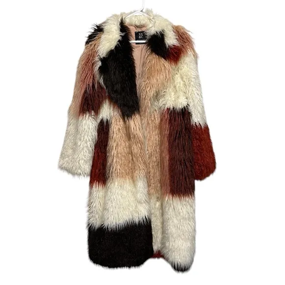 NY &amp; Co Colorful Patchwork Faux Fur Coat Extra Cozy