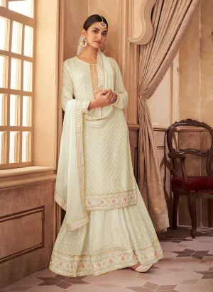 Off White Embroidered Stylish Palazzo Style Suit
