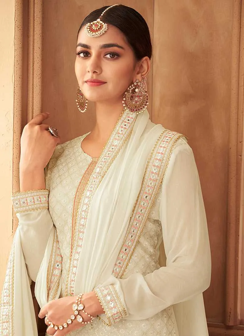 Off White Embroidered Stylish Palazzo Style Suit