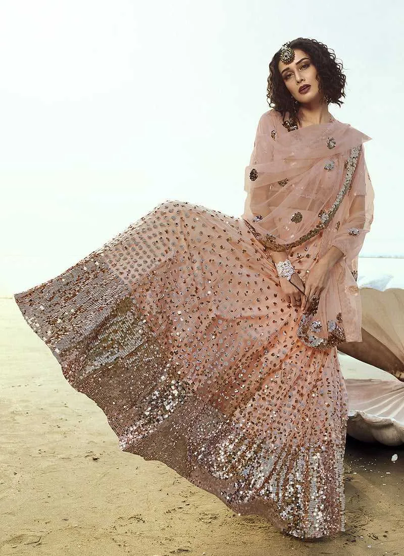Peach Sequins Embroidered Stylish Lehenga Choli