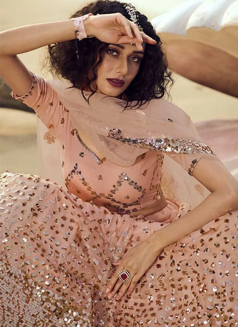 Peach Sequins Embroidered Stylish Lehenga Choli