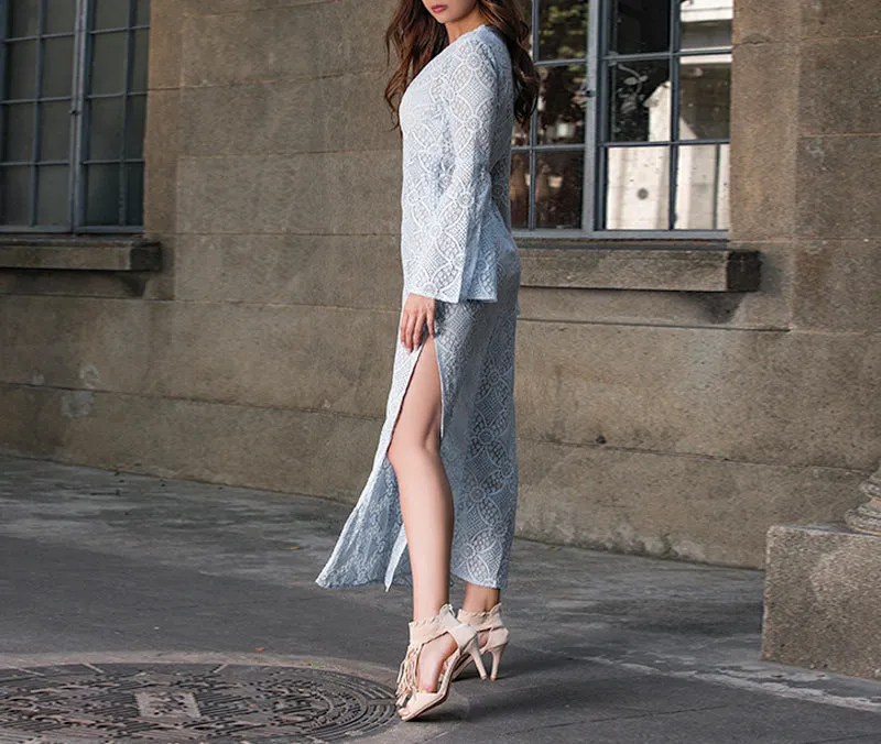 Perspective Lace Deep V-neck Split Trumpet Sleeve Dress