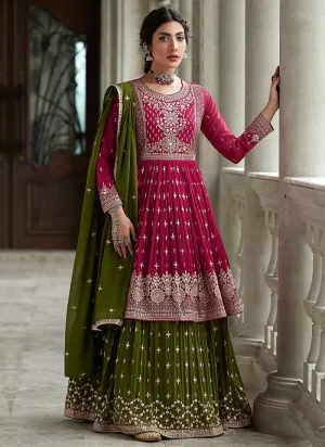 Pink and Green Heavy Embroidered Stylish Lehenga