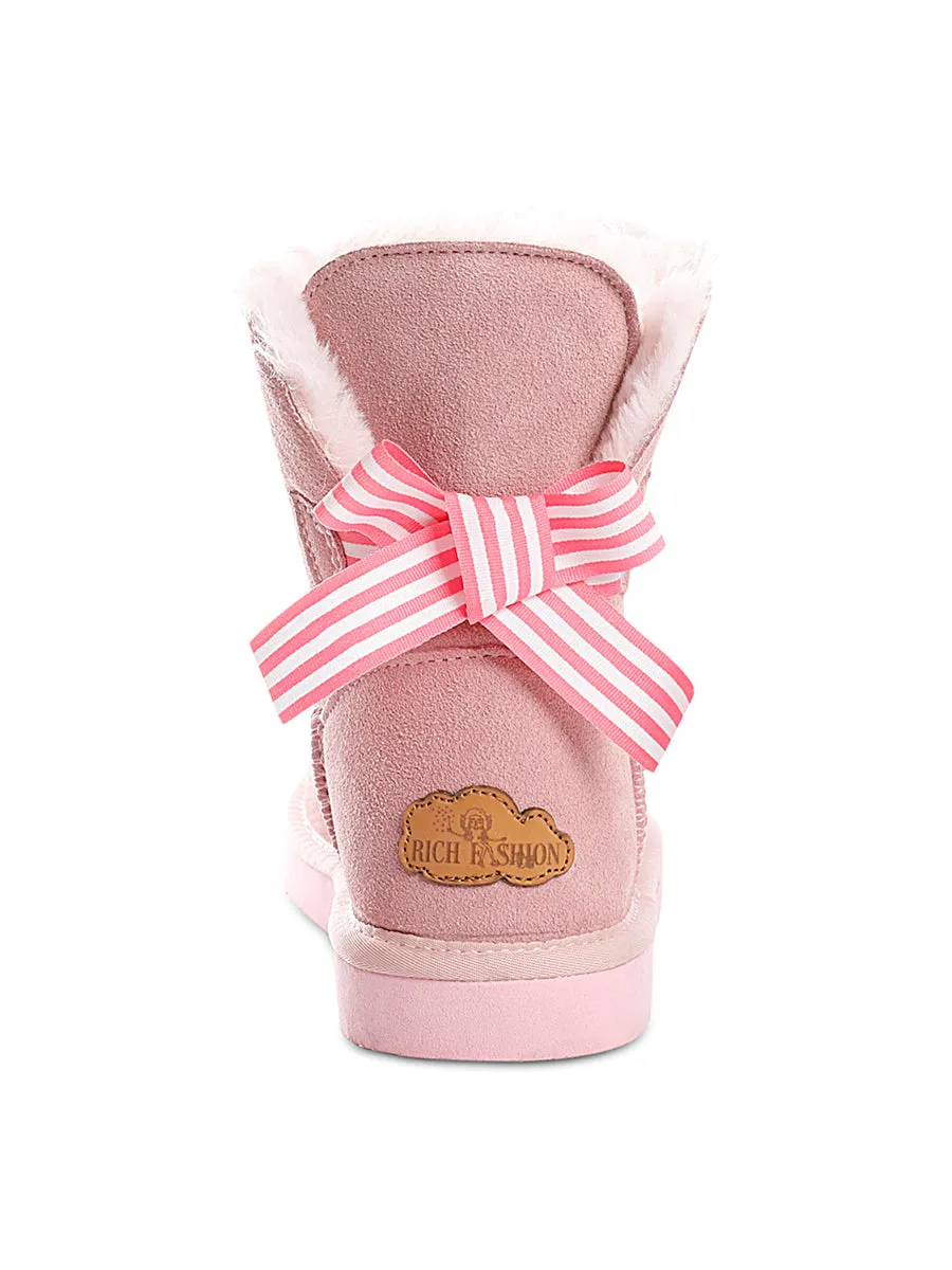 Pink Bow Detail Sheepskin Winter Boots