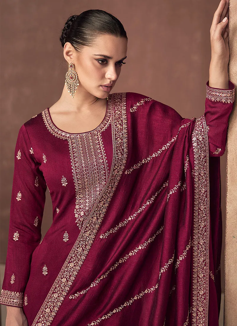 Red and Gold Embroidered Stylish Pant Suit