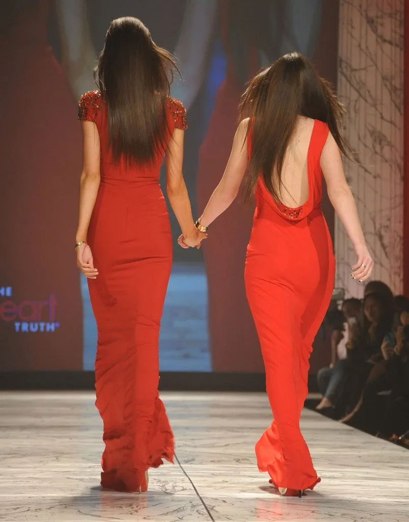 Red Kendall Jenner Cut Out Cup Sleeves Sequins Celebrity Formal Dress The Heart Truth Fashion Show