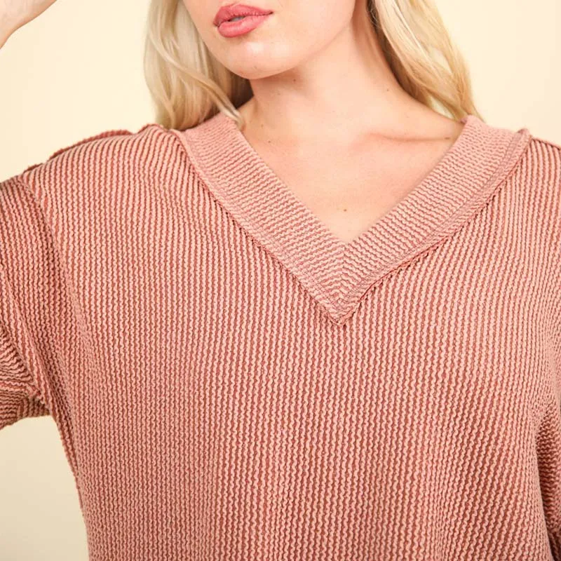 Ribbed V-Neck Oversized Long Sleeve Knit Top