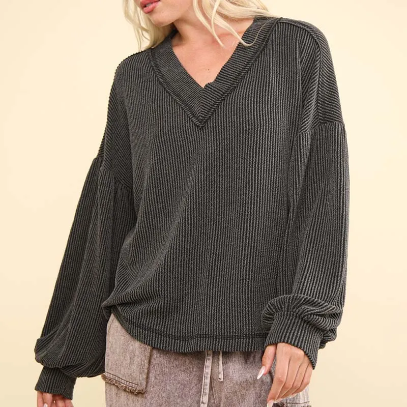 Ribbed V-Neck Oversized Long Sleeve Knit Top
