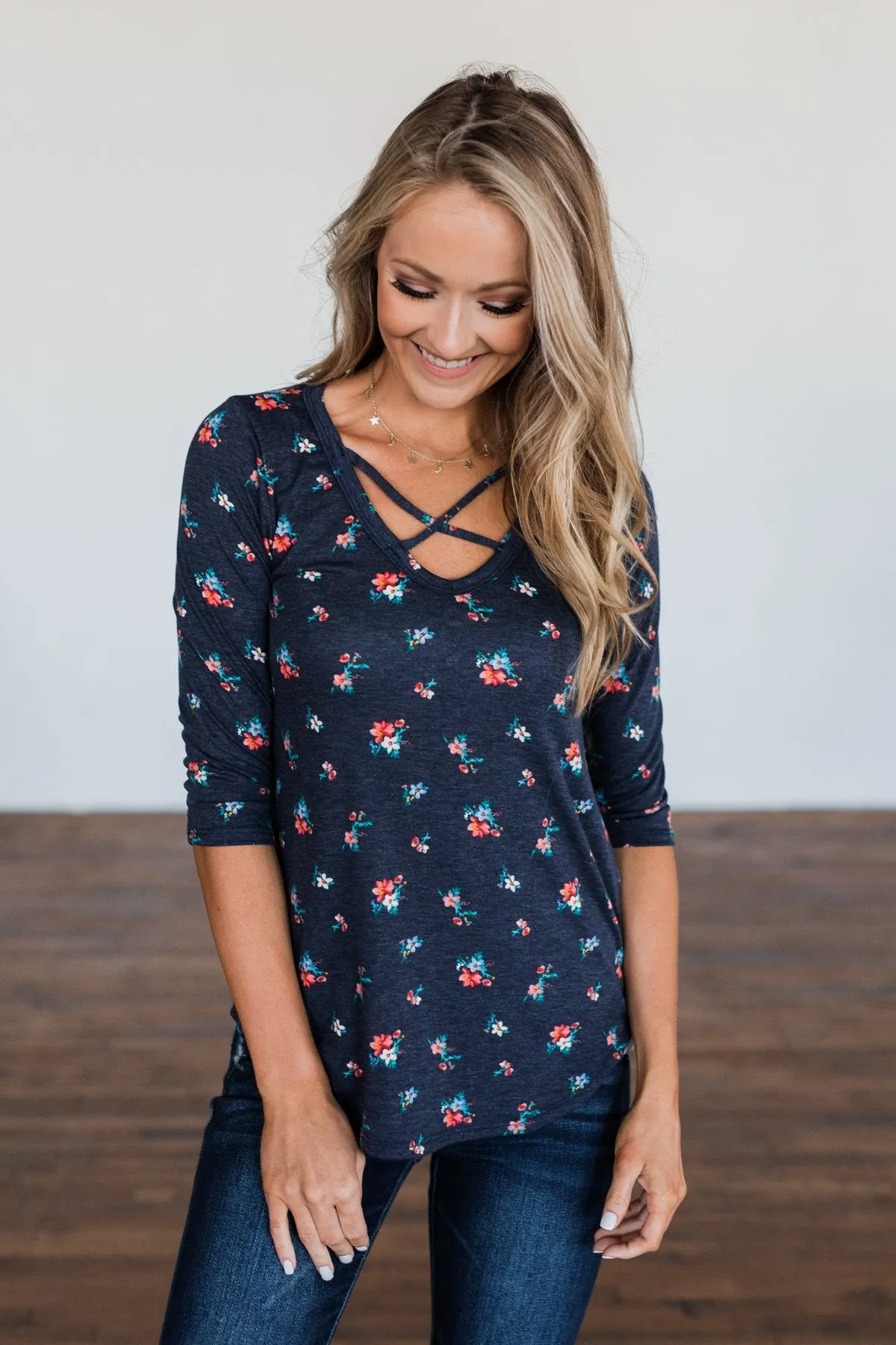 Scents of the Season Floral Criss Cross Top- Navy