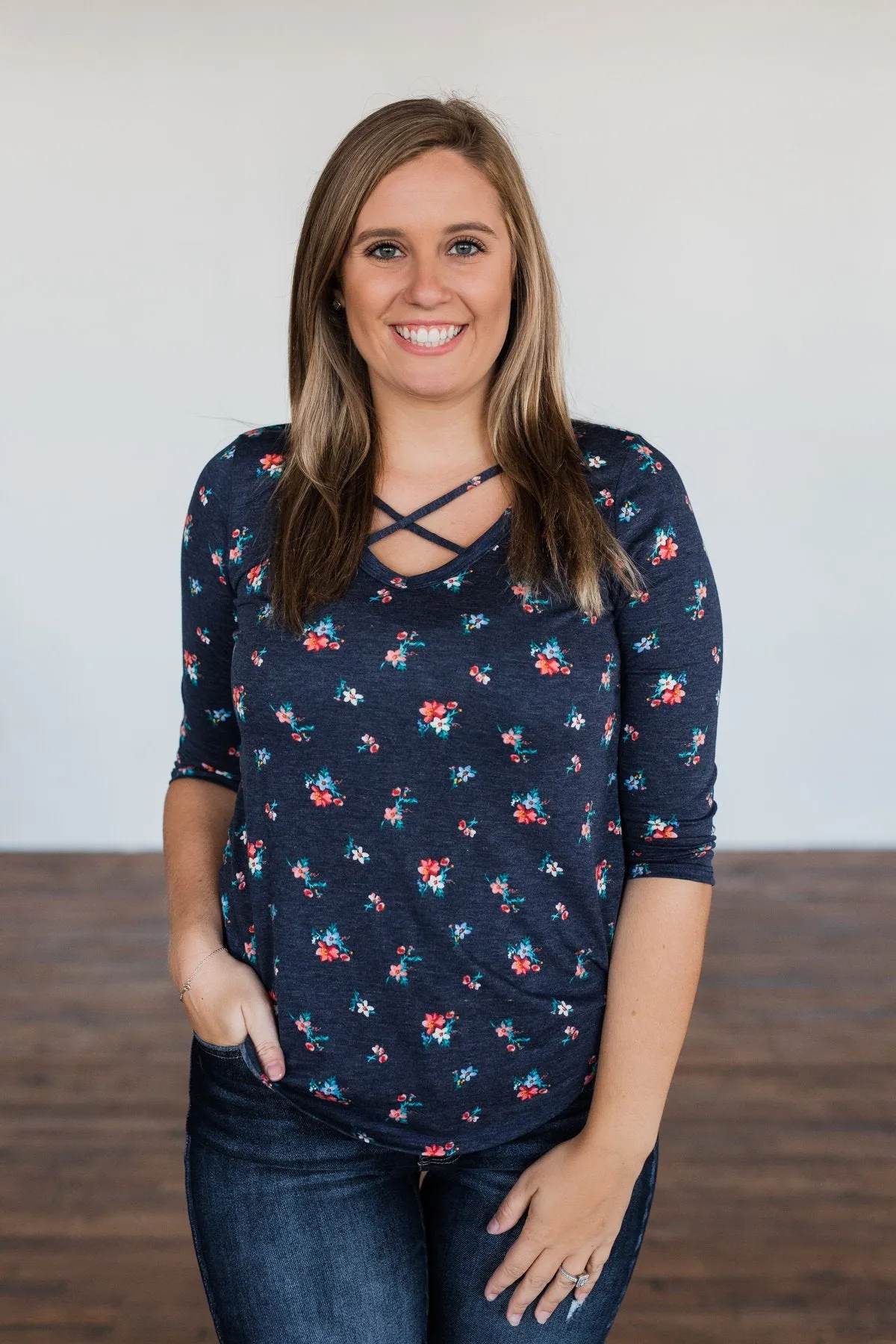 Scents of the Season Floral Criss Cross Top- Navy