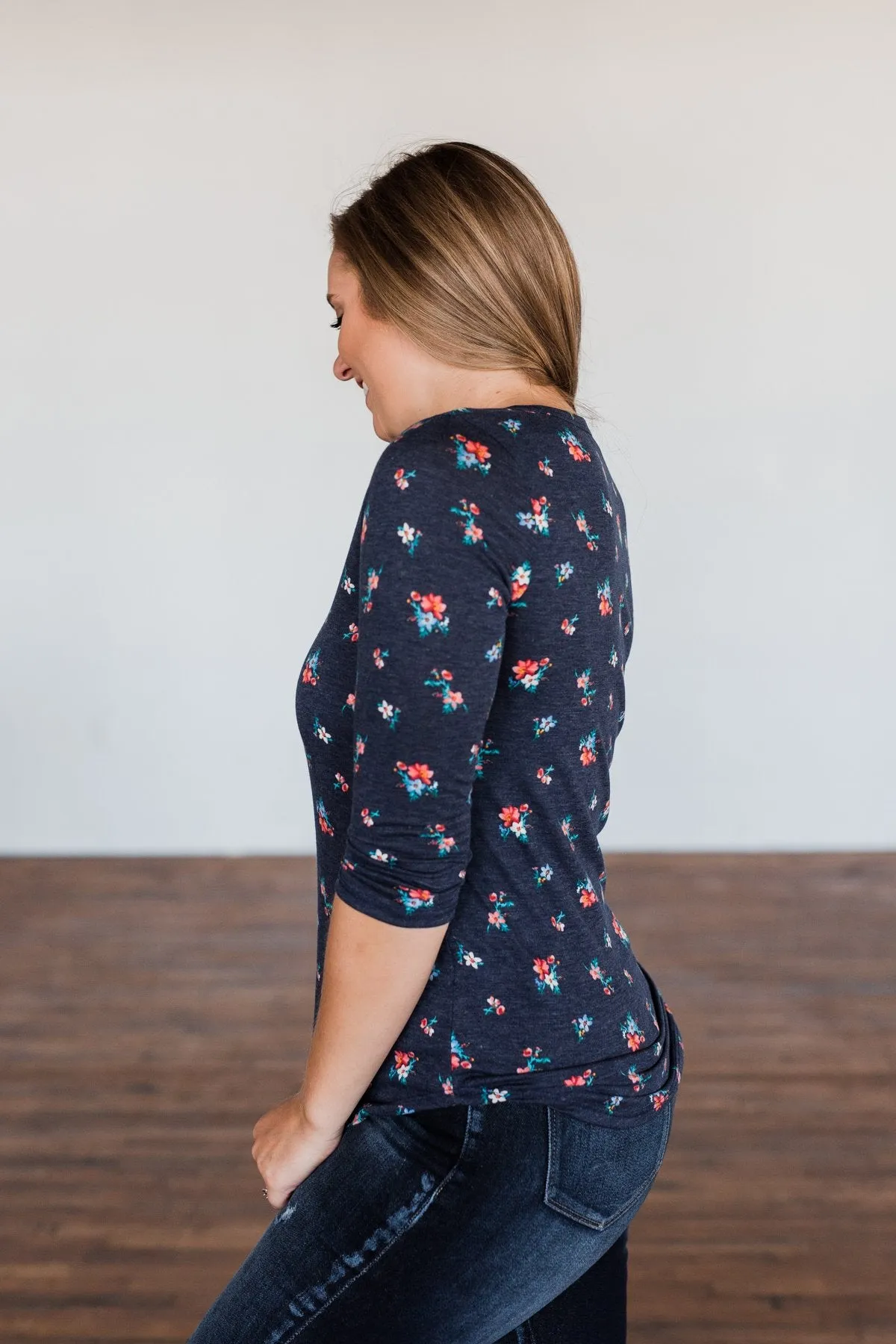 Scents of the Season Floral Criss Cross Top- Navy