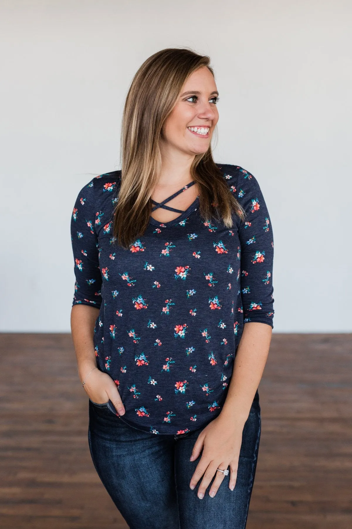 Scents of the Season Floral Criss Cross Top- Navy