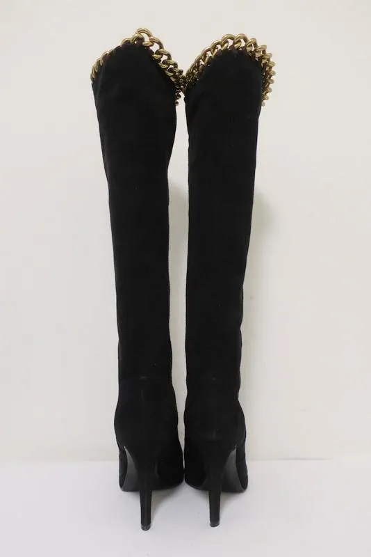 Sergio Rossi Chain-Embellished Knee High Boots Black Suede Size 36 Platform Heel
