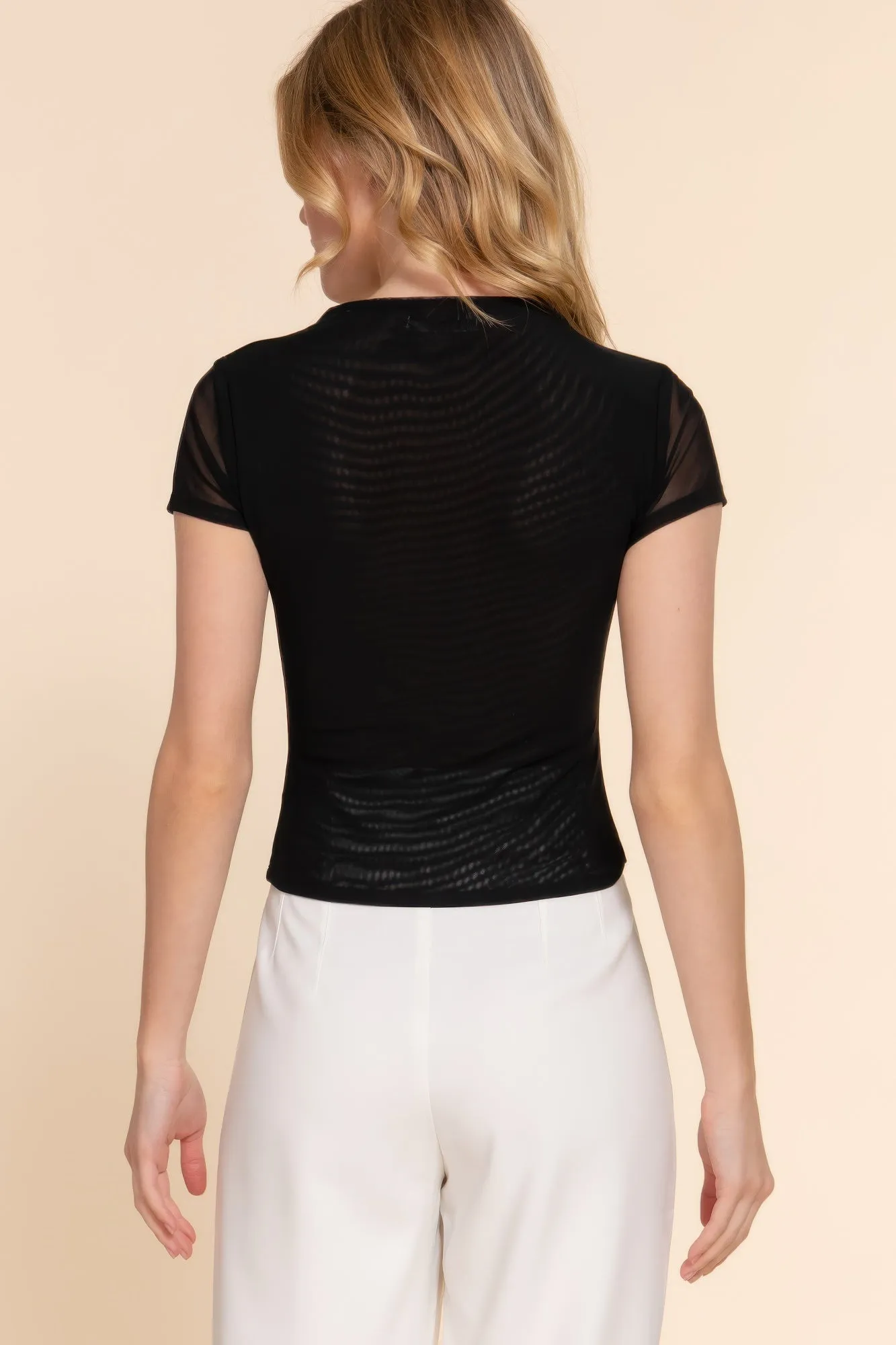 Short Cap Slv High Neck 2 Ply Mesh Top