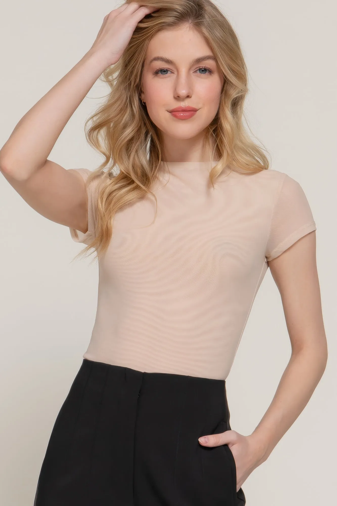 Short Cap Slv High Neck 2 Ply Mesh Top